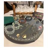 KFF056 Vintage Vanity Glass Tray, Vases, And Costume Jewelry 