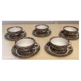 MES008 Set Of 5 Chinese Rose Medallion Teacups & Saucers 