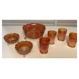 MES029 Vintage Marigold Carnival Glass Dish Set
