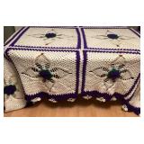 MES035 Large Crocheted White With Purple Rose Blanket 