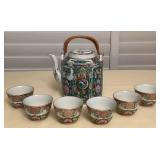 MES038 Chinese Rose Medallion Teapot & Six Teacups 