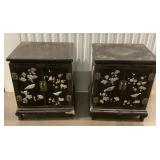 MES079 Pair Of Chinese Lacquered Cabinets End Tables With Stone Inlay 
