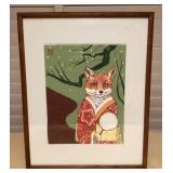 MES092 Koa Framed Japanese Block Print Of A Fox In A Kimono