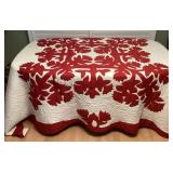 MES117 Large Red & White Hawaiian Quilt-As Is