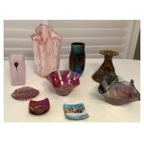 MES136 Signed Art Glass Vases & Trinket Dishes 