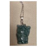 MES188 Carved Jade Lucky Neko Cat Pendant & 17” Sterling Silver Chain New