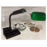 MES217 Green Glass Bankers Lamp & Gooseneck Desk Organizer Lamp