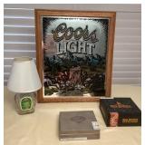 MES234 Coors Light Wall Hanging, Crown Royal Lamp & Cigar Boxes