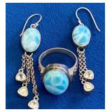 VBB212 Sterling Silver Larimar Jewelry Set – Ring & Dangle Earrings with White Crystal Accents