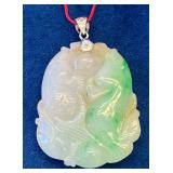 VBB505 Vintage Hand Carved Jadeite Jade Pendant Koi & Lotus Motif