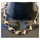 VBB512 Elegant Gold-Tone Necklace with Purple Faceted Stones & Clear Crystal Accents