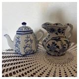 SAT070 - Vintage Blue and White Porcelain Set Chinoiserie Pitcher & Hexagonal Teapot