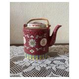 SAT112 - Vintage Chinese Mun Shou Longevity Teapot - Red Famille Rose Jingdezhen Porcelain