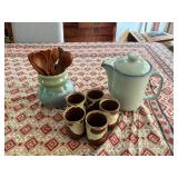 SAT138 - 5 Teacups, Ceramic Pitcher, Wooden Utensils