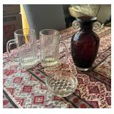 SAT348 - Purple Glass Vase, Ashtray, Two Glass Mugs