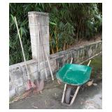 SAT393 - 3 Rakes, Shovel, And Wheelbarrow 