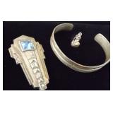 PPM058  Art Deco Pin, Metal Cuff Bracelet, Sterling Figurine