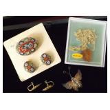 PPM062 Vintage Italy Mosaic Pin & Earring Set, 12Kt Gold Earrings