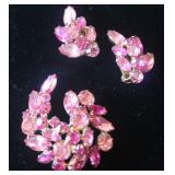 MLE256 Vintage Regency Pink Fuchsia Rhinestones Brooch & Earrings Set