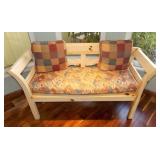 PFL011 Ethan Allen Farmhouse Pine Wood Bench, Seat Pad & Cushions