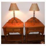 PFL023 Ethan Allen Farmhouse Pine Wood Nightstands & Lamps