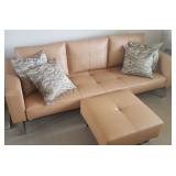 PFL059 Peach Leather Sofa Bed w/ Ottoman & Glass End Tables