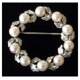 JYR036 Vintage Silver Tone Brooch with Real Pearls