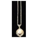 JYR037 Silver Tone Pearl Pendant with CZ & Chain