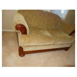 Carved wood frame, upholstered love seat.