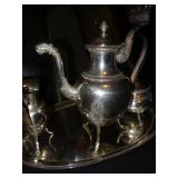 Solid silver coffee service and tray, close up of coffee pot