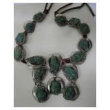 Navajo pawn turquoise and silver squash blossom necklace, has pawn # etched on back side. 