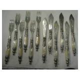 All silver and MOP fish set, etched designs