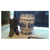 boot sculpture and asian stool