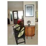 Newer small cabinet, artwork, pair black side chairs