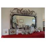 Newer metal framed entry mirror, crystal, silverplate candlesticks