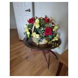 MCM Brass Tray on Wood Spider Legs Coffee Table & Faux Floral Arrangement