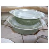 MCM Pyrex Sage Scroll Casserole Dishes w/ Lids & Adjustable Cradle