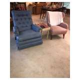 BLUE RECLINER, PINK MID CENTURY CHAIR