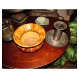 POTTERY BOWL, TIN LARGE CANDLE HOLDER