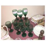 LIBBEY TEARDROP WIND GOBLETS, GREEN WITH GOLD TOP RING