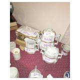 JOHNSON BROS. ROYAL IRONSTONE PORCELAIN WEDDING RING PATTERN TEA SET AND VEG. DISH CIRCA 1800