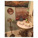 Marble top table, tapestries, tall ashtray