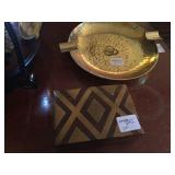Vintage brass ashtray, wooden and brass small box