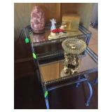 Glass top tables end tables, dog figurines, salt lamp
