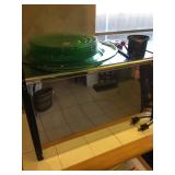 Vintage bread box and depression green glass plates 