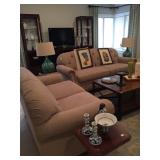 Taupe sofa and love seat, Mahogany bookcase, coffee table 