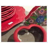 Red dishes, Bordallo Pinheird made in Portugal,and decoratives 