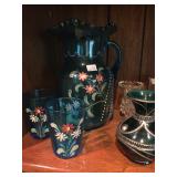 Anitque blue glass lemoade pitcher and glasses 