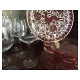 Pink depression glass, wine glasses 