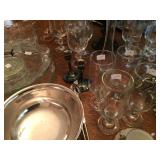 Silver plate serving pieces and glassware 